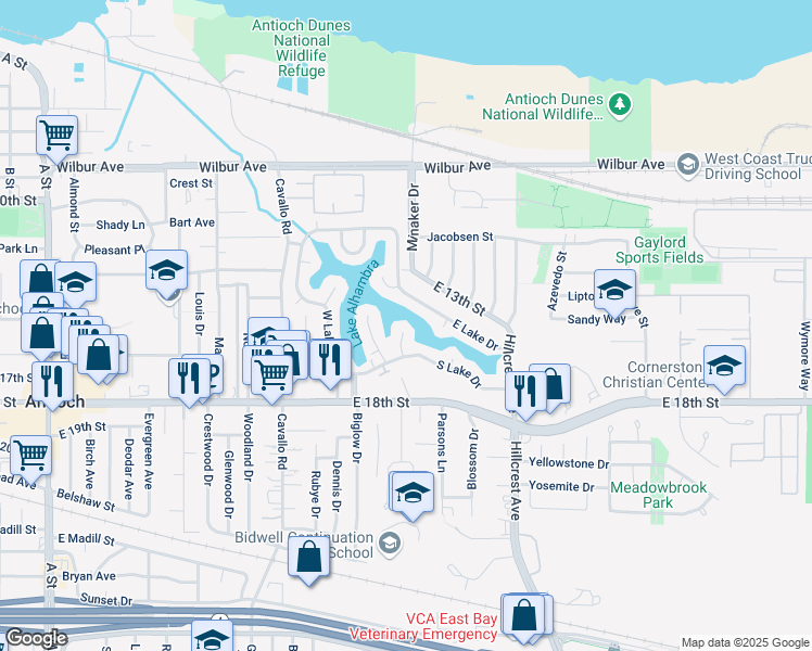 map of restaurants, bars, coffee shops, grocery stores, and more near 4 South Lake Court in Antioch