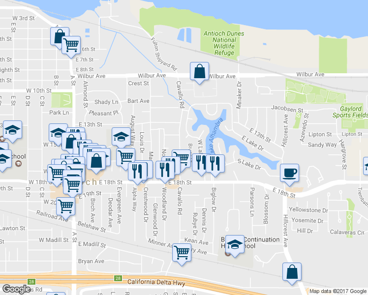 map of restaurants, bars, coffee shops, grocery stores, and more near 1613 Cavallo Road in Antioch