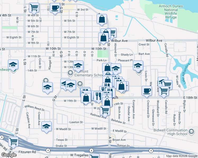 map of restaurants, bars, coffee shops, grocery stores, and more near 101 West 15th Street in Antioch