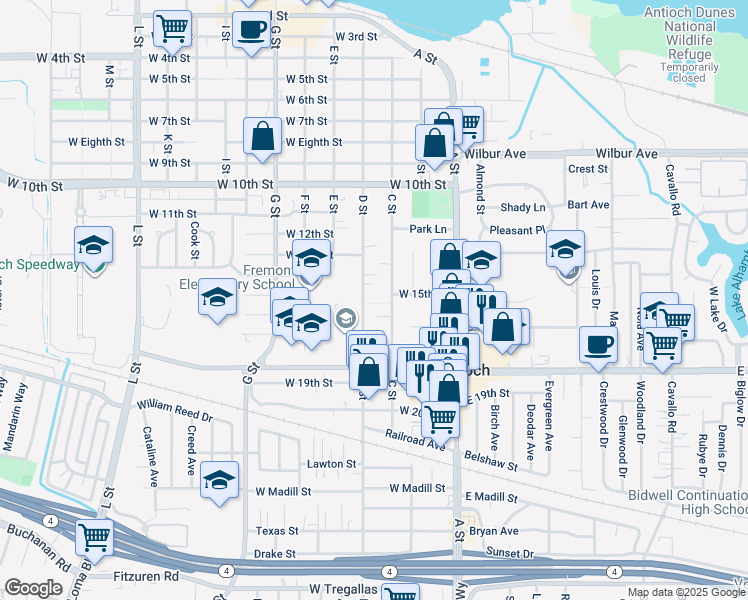 map of restaurants, bars, coffee shops, grocery stores, and more near 1510 C Street in Antioch