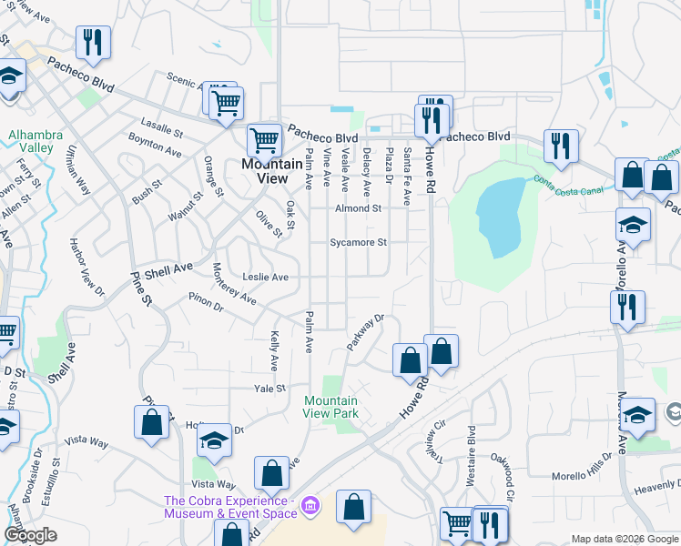 map of restaurants, bars, coffee shops, grocery stores, and more near 1001 Veale Avenue in Martinez