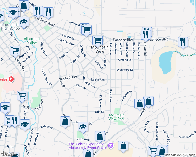 map of restaurants, bars, coffee shops, grocery stores, and more near 2590 Orange Street in Martinez