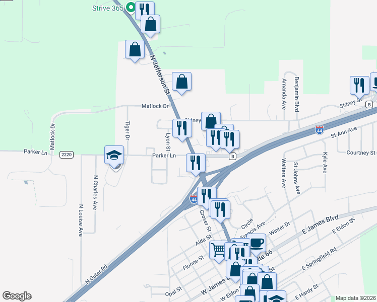 map of restaurants, bars, coffee shops, grocery stores, and more near 801 North Jefferson Street in Saint James