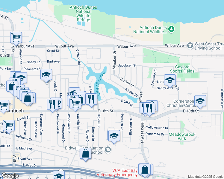 map of restaurants, bars, coffee shops, grocery stores, and more near 4 South Lake Court in Antioch