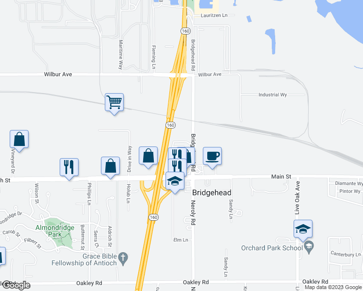 map of restaurants, bars, coffee shops, grocery stores, and more near 5751 Bridgehead Road in Oakley