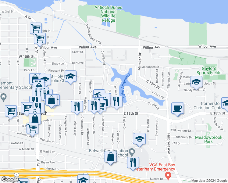 map of restaurants, bars, coffee shops, grocery stores, and more near 68 West Lake Drive in Antioch