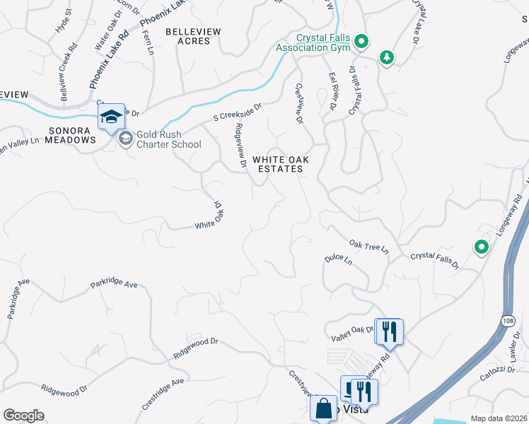 map of restaurants, bars, coffee shops, grocery stores, and more near 21256-21264 Ridgeview Drive in Sonora