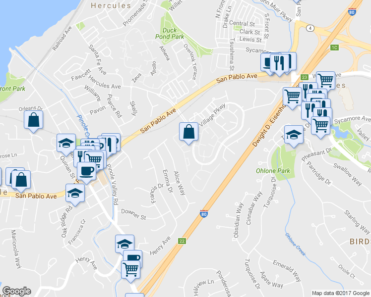 map of restaurants, bars, coffee shops, grocery stores, and more near 217 Glenwood in Hercules