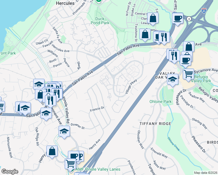 map of restaurants, bars, coffee shops, grocery stores, and more near 217 Glenwood in Hercules