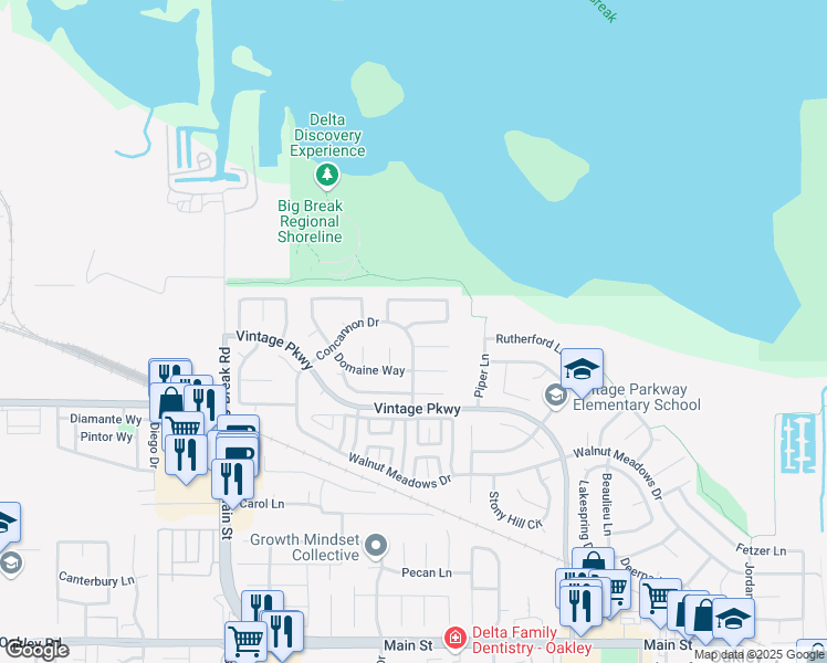 map of restaurants, bars, coffee shops, grocery stores, and more near 872 Stonegate Circle in Oakley