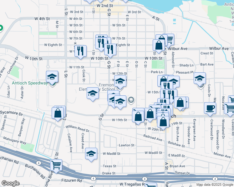 map of restaurants, bars, coffee shops, grocery stores, and more near 1413 F Street in Antioch