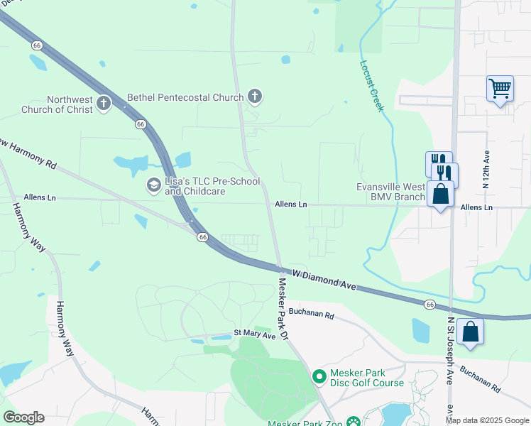 map of restaurants, bars, coffee shops, grocery stores, and more near 3011 Mesker Park Drive in Evansville