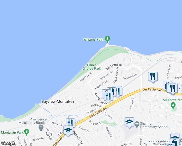 map of restaurants, bars, coffee shops, grocery stores, and more near 2201 Meadowlark Street in San Pablo