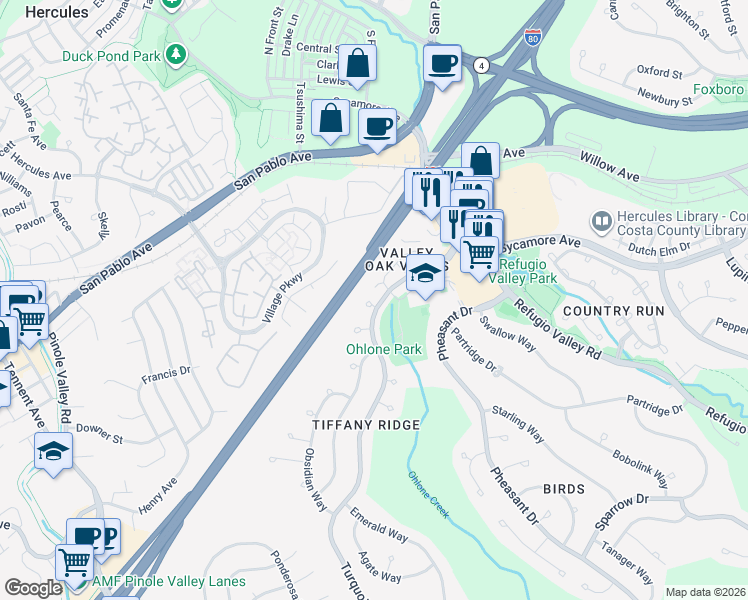 map of restaurants, bars, coffee shops, grocery stores, and more near 2 Turquoise Drive in Hercules