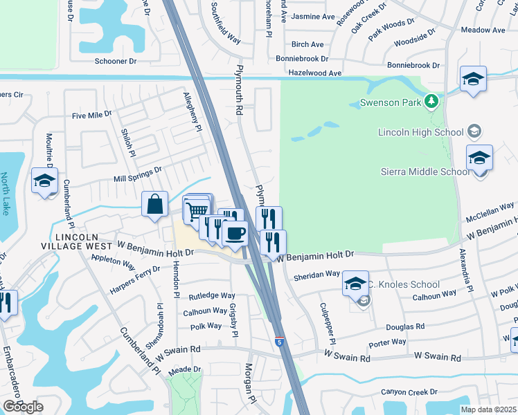 map of restaurants, bars, coffee shops, grocery stores, and more near 6723 Plymouth Road in Stockton