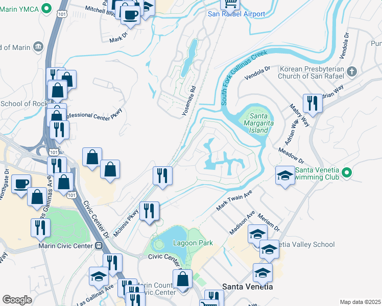 map of restaurants, bars, coffee shops, grocery stores, and more near 1 Mariners Circle in San Rafael