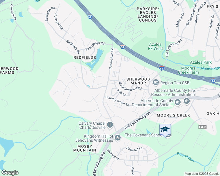 map of restaurants, bars, coffee shops, grocery stores, and more near 1354 Villa Way in Charlottesville