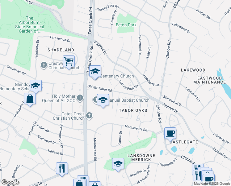 map of restaurants, bars, coffee shops, grocery stores, and more near 260 Old Mount Tabor Road in Lexington