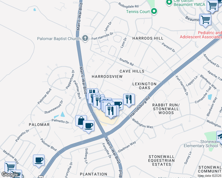 map of restaurants, bars, coffee shops, grocery stores, and more near 2176 Palomar Trace Drive in Lexington