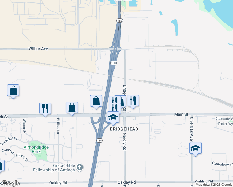 map of restaurants, bars, coffee shops, grocery stores, and more near 5751 Bridgehead Road in Oakley