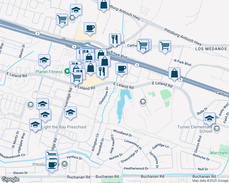 map of restaurants, bars, coffee shops, grocery stores, and more near 208 Jupiter Court in Pittsburg