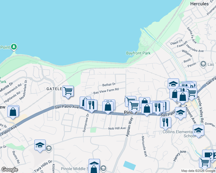 map of restaurants, bars, coffee shops, grocery stores, and more near 1160 Bay View Farm Road in Pinole