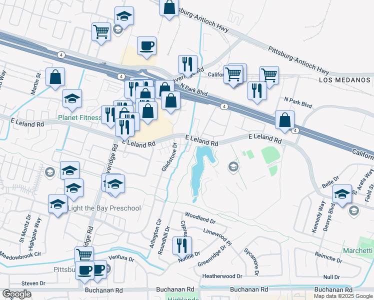 map of restaurants, bars, coffee shops, grocery stores, and more near 208 Jupiter Court in Pittsburg