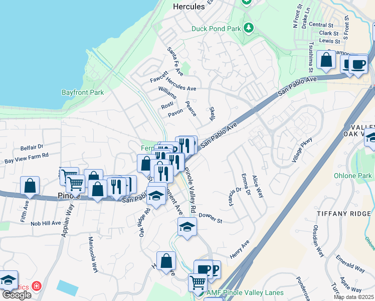map of restaurants, bars, coffee shops, grocery stores, and more near 2581 Charles Avenue in Pinole