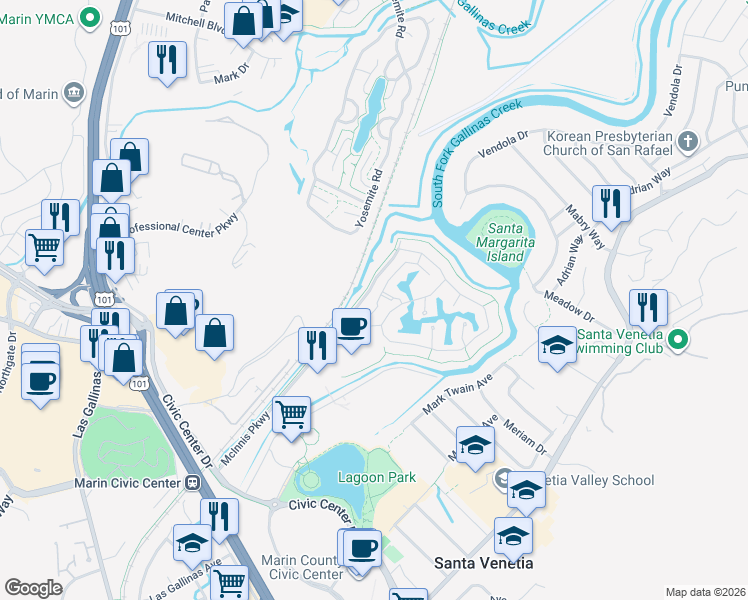 map of restaurants, bars, coffee shops, grocery stores, and more near 1 Mariners Circle in San Rafael