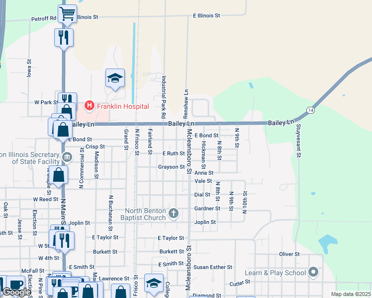 map of restaurants, bars, coffee shops, grocery stores, and more near 1000-1002 Mcleansboro St in Benton