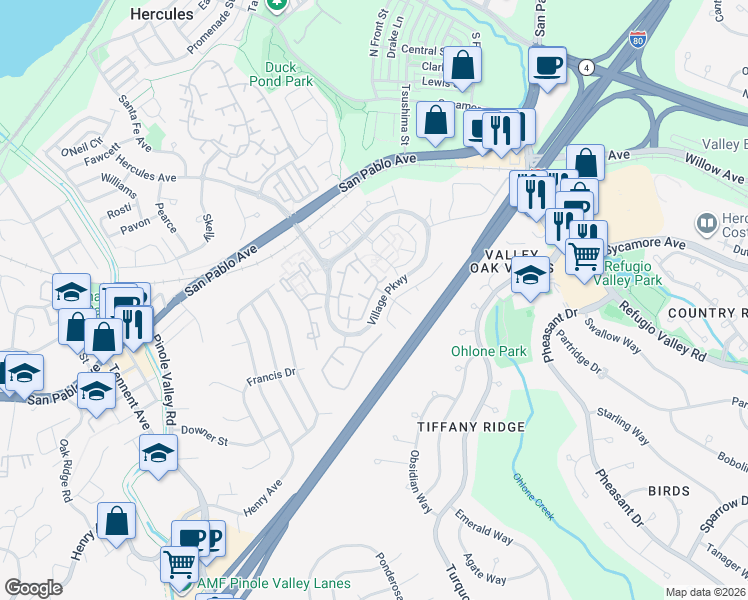 map of restaurants, bars, coffee shops, grocery stores, and more near 214 South Wildwood in Hercules