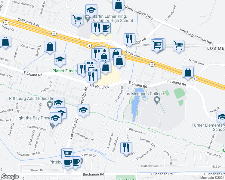 map of restaurants, bars, coffee shops, grocery stores, and more near Pluto Court in Pittsburg