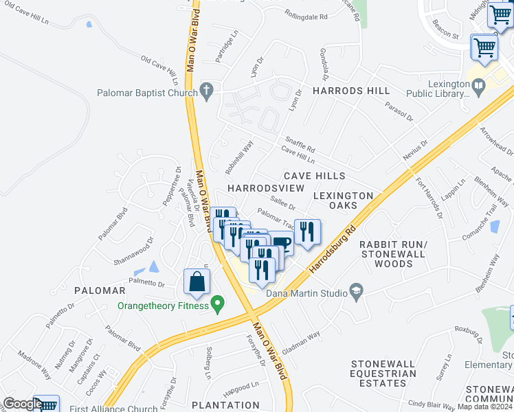 map of restaurants, bars, coffee shops, grocery stores, and more near 2169 Palomar Trace Drive in Lexington