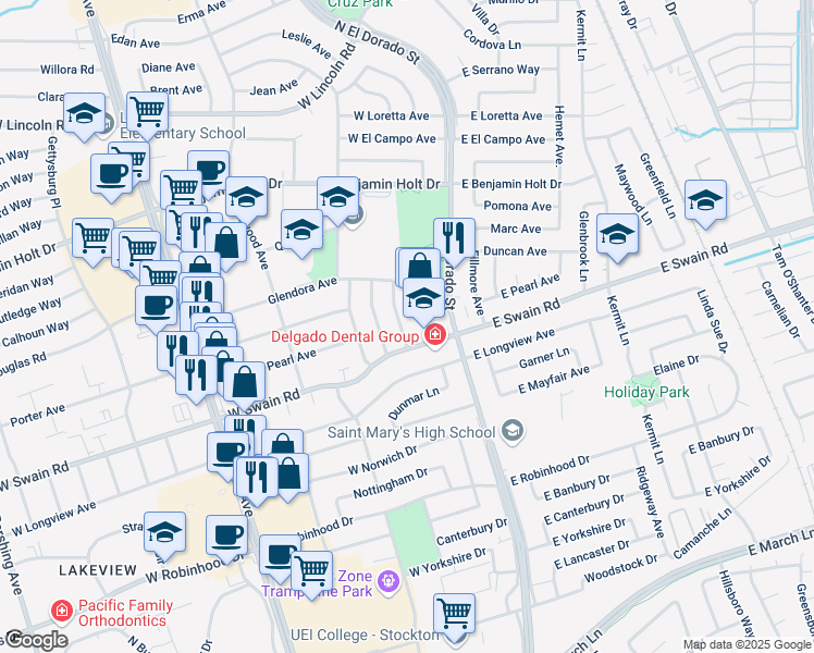 map of restaurants, bars, coffee shops, grocery stores, and more near 6015 Cresenda Avenue in Stockton