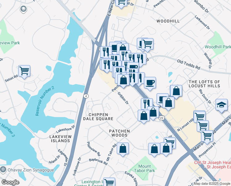 map of restaurants, bars, coffee shops, grocery stores, and more near 201 Patchen Drive in Lexington