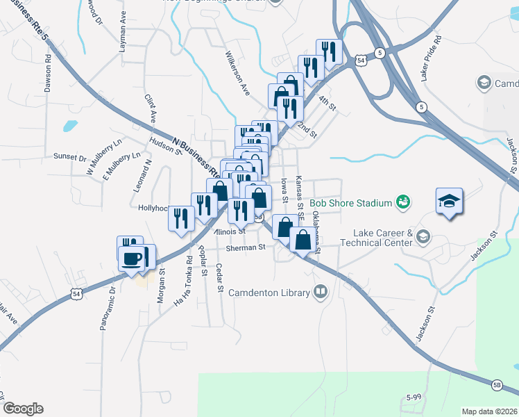 map of restaurants, bars, coffee shops, grocery stores, and more near 100 Business Route 5 in Camdenton