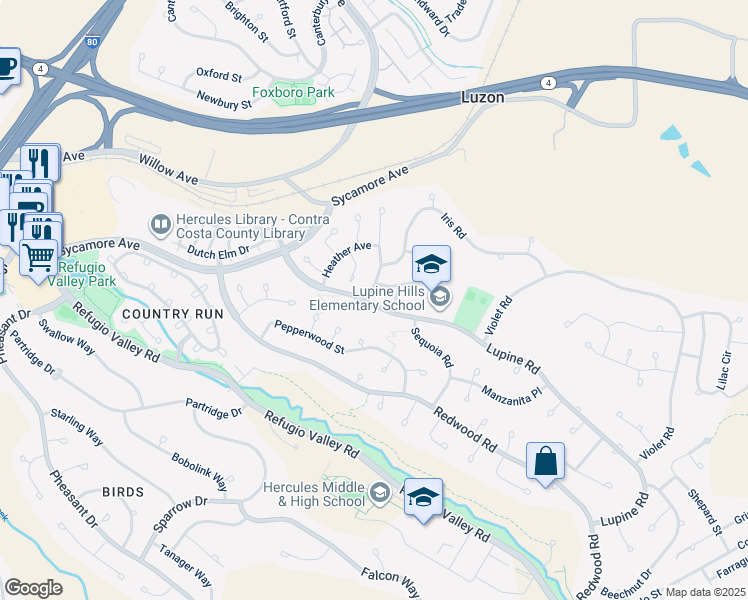 map of restaurants, bars, coffee shops, grocery stores, and more near 1872 Lupine Road in Hercules