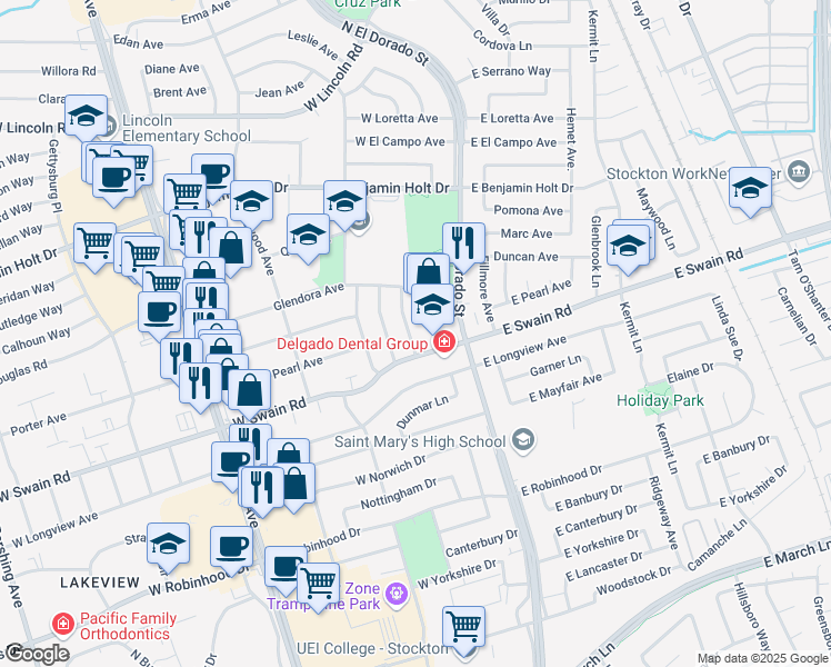 map of restaurants, bars, coffee shops, grocery stores, and more near 6015 Cresenda Avenue in Stockton