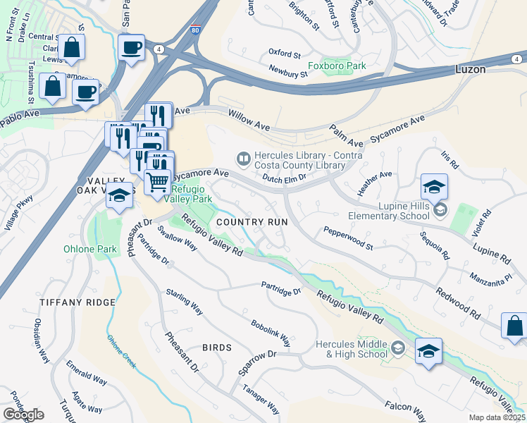 map of restaurants, bars, coffee shops, grocery stores, and more near 5 Moraine Court in Hercules