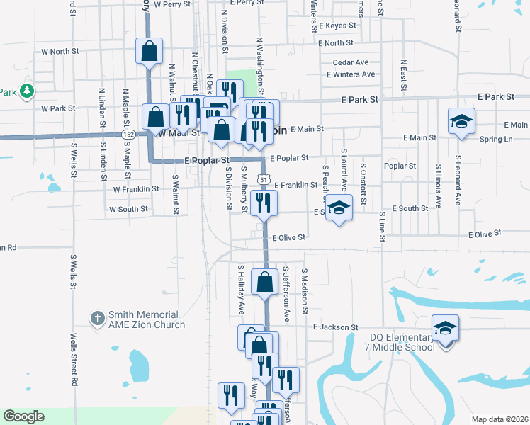 map of restaurants, bars, coffee shops, grocery stores, and more near 301 East South Street in Du Quoin