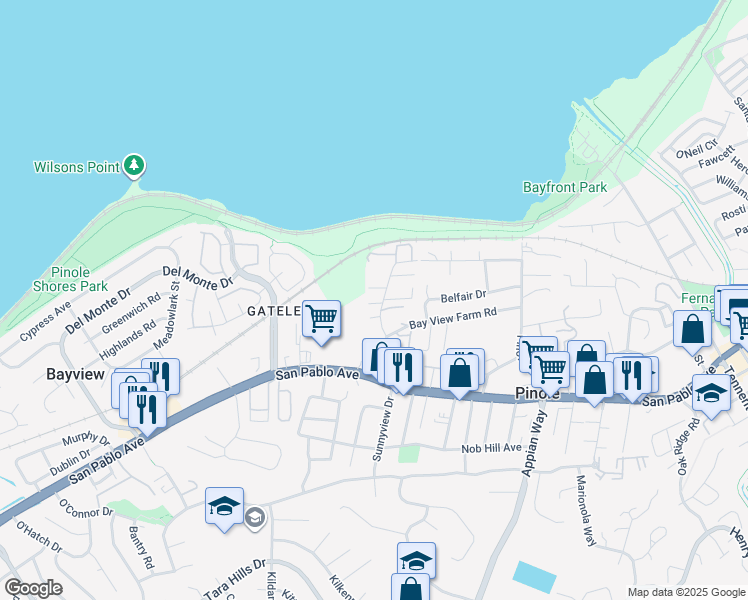 map of restaurants, bars, coffee shops, grocery stores, and more near 560 Sunnyview Drive in Pinole