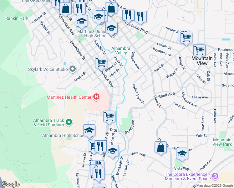 map of restaurants, bars, coffee shops, grocery stores, and more near 509 Arch Street in Martinez