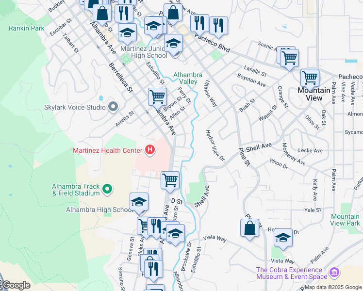 map of restaurants, bars, coffee shops, grocery stores, and more near 535 Bertola Street in Martinez
