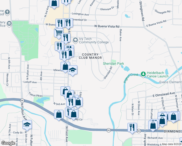 map of restaurants, bars, coffee shops, grocery stores, and more near 3028 Tremont Rd in Evansville
