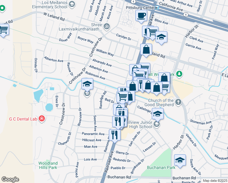 map of restaurants, bars, coffee shops, grocery stores, and more near 54 Alturas Avenue in Pittsburg
