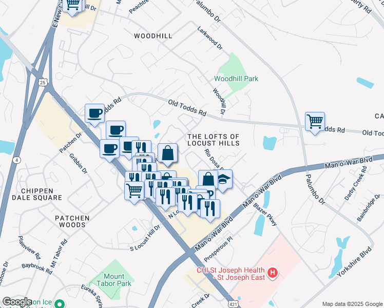 map of restaurants, bars, coffee shops, grocery stores, and more near 175 North Locust Hill Drive in Lexington