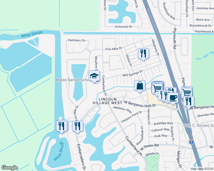 map of restaurants, bars, coffee shops, grocery stores, and more near 3589 West Benjamin Holt Drive in Stockton