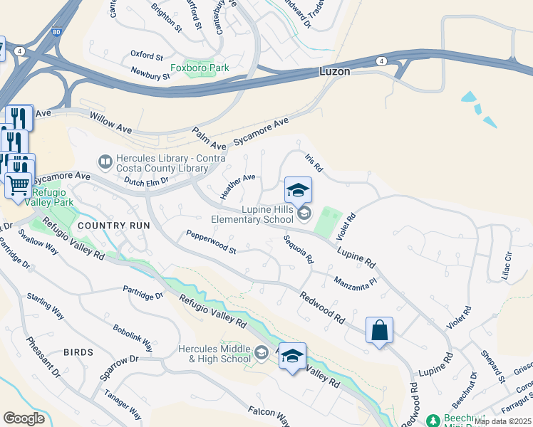 map of restaurants, bars, coffee shops, grocery stores, and more near 1872 Lupine Road in Hercules