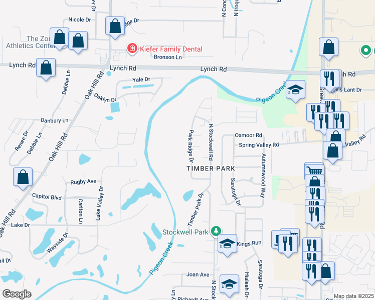 map of restaurants, bars, coffee shops, grocery stores, and more near 3208 Park Ridge Drive in Evansville