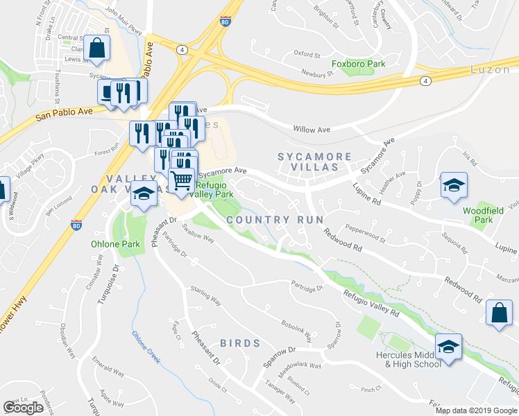map of restaurants, bars, coffee shops, grocery stores, and more near 970 Valley Run in Hercules